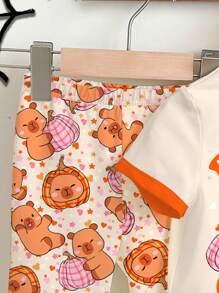 SHEIN Halloween Baby Girl Cute Modest Burnt Orange Summer Birthday Plaid Pumpkin & Capybara Pattern,Mini Star Print Short Sleeve T-Shirt And Pants Set - Multicolor - View 5