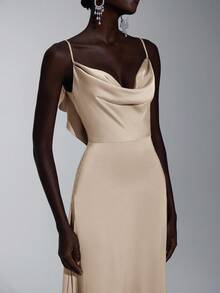 Elitara Elegant Champagne Color Ruffle Strap Bridesmaid Dress - Khaki - View 6