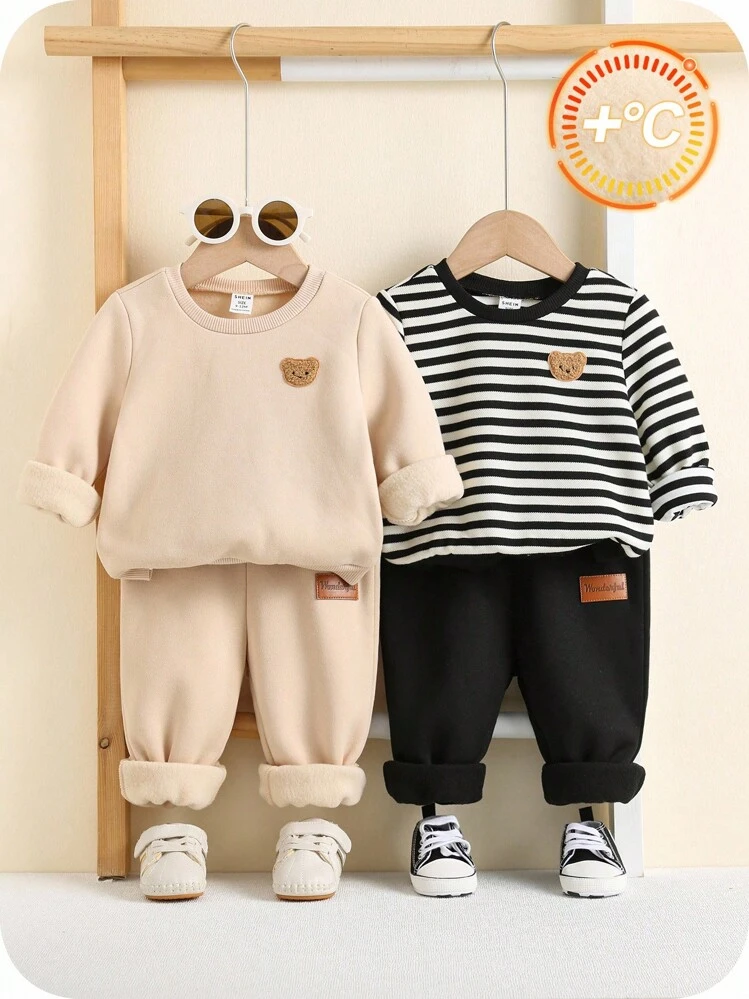 SHEIN 4pcs/Set Unisex Baby Boy & Baby Girl Cute Cartoon Print Long Sleeve Sweatshirt And Pants Set, Casual Autumn/Winter Clothes Fall - Multicolor - View 3