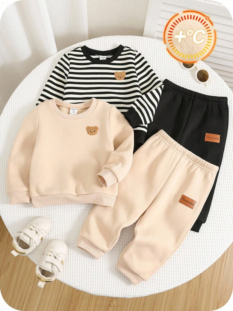SHEIN 4pcs/Set Unisex Baby Boy & Baby Girl Cute Cartoon Print Long Sleeve Sweatshirt And Pants Set, Casual Autumn/Winter Clothes Fall - Multicolor - View 1