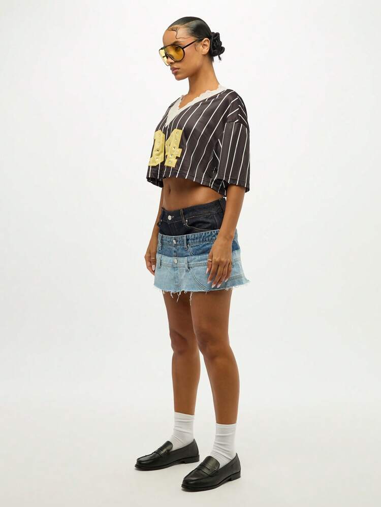 SUMWON WOMEN Tiered Denim Mini Skirt With Stacked Waistband And Raw Hem