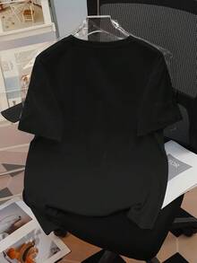 SHEIN 大码宽松心形刺绣女式 T 恤 - 黑色 - 查看 2