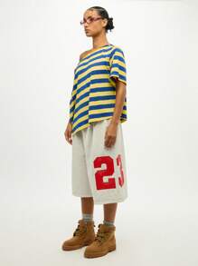 SUMWON WOMEN Off Shoulder Striped Top Casual Summer Fashion Oversized Loose Fit Boxy Short Sleeve Pullover Bold Street Style - Multicolor - View 7