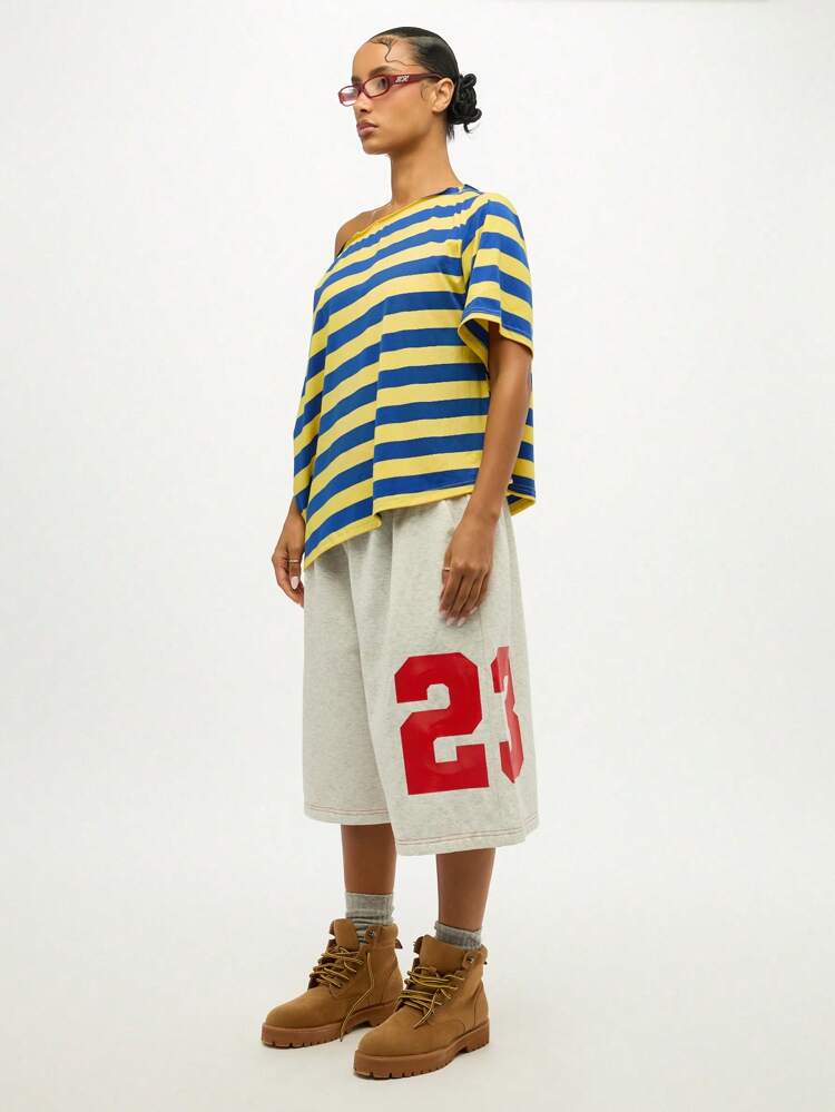 SUMWON WOMEN Oversized Striped Off Shoulder Top With Boxy Fit