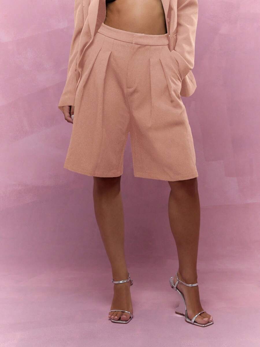 MISSGUIDED 量身定制百慕大休闲短裤高腰褶皱阔腿长短裤办公室商务休闲春夏度假装 - 粉色 - 查看 1