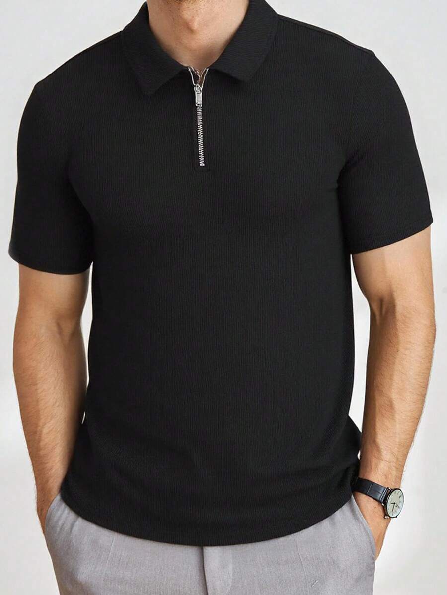 SHEIN 青少年男童休闲四分之一拉链短袖Polo衫，运动街头朋克摇滚校园风日常户外派对节日装扮，适合春夏穿着，黑色