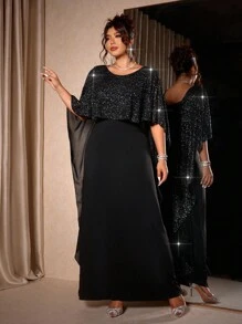 Cravure Abito elegante da donna con collo rotondo, in tessuto in maglia tinta unita nera con inserti in chiffon metallizzato lucido, taglio aderente, adatto per feste, autunno/inverno, taglie comode - nero - Visualizzare 5