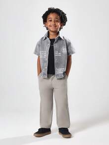 SUMWON Kids Streetwear Grey Denim Overshirt Short Sleeve Button Down Shirt With Front Back Graphics And Printed Text Regular Fit Urban Fashion Casual Wear - Grey - View 4
