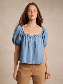 WESTFADE 方领蝴蝶结前褶 A 字形棉混纺牛仔短款泡泡袖上衣夏季海滩度假西部波西米亚牛仔风格早午餐 - 淺色水洗藍 - 查看 3