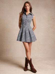 WESTFADE 格纹梭织无袖褶皱修身喇叭迷你 Polo 衫 返校可爱秋装夏季乡村音乐会