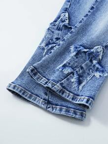 SHEIN Quần jean xanh nhạt rách cho bé gái, thêu hình ngôi sao, cạp chun, ống loe ôm sát - Rửa tối - Xem 8