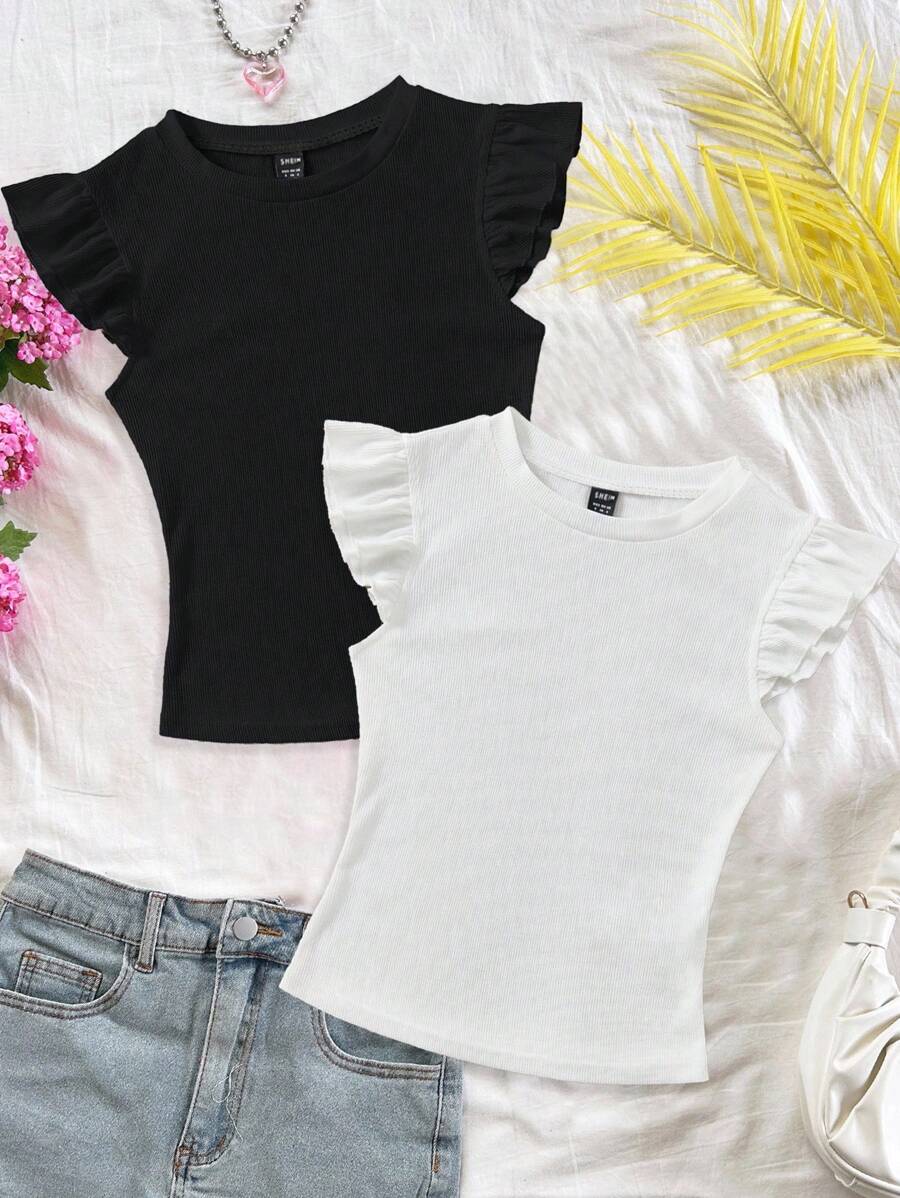 Soleia 2pcs/Set Rib Knit Crew Neck Short Cap Sleeve Form-Fitting T-Shirt Set, Cute Summer Suitable For Going Out - Multicolor - View 1