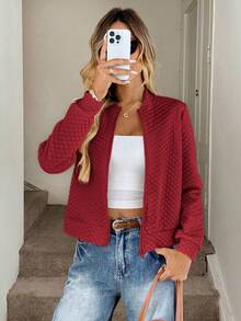 Easowa 女士绗缝纹理面料棒球夹克，休闲通勤优雅户外运动家居舒适秋冬红色绗缝夹克女式红色拉链夹克女式绗缝飞行员夹克女式轻便红色夹克女式休闲红色夹克，秋季 - 紅色 - 查看 4