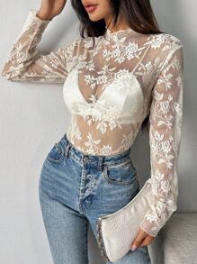 Glamine Áo dài tay đơn giản màu trơn trang trí ren Sheer - Màu be - Xem 5