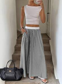 Easowa 撞色腰带斜口袋裙，条纹休闲度假优雅街头服饰女式条纹长裙夏季 - 黑與白 - 查看 4