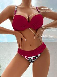 Swim Lushoire 2 件 2025 聚拢图案分体泳衣，粉色热带设计聚拢收腹，优雅休闲，适合春夏海滩度假、派对、节日