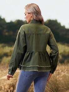 SHEIN Maternity Casual Solid Color Frayed Denim Jacket, Spring/Autumn - Army Green - View 2
