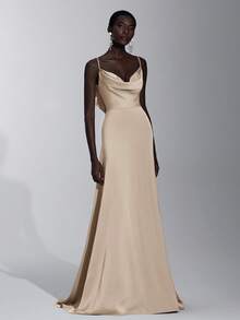 Elitara Elegant Champagne Color Ruffle Strap Bridesmaid Dress - Khaki - View 7