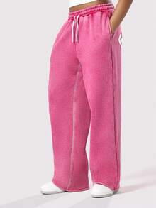 SUMWON Quần nỉ ống rộng in họa tiết Somwon chất liệu vải khoáng cổ điển, ấm áp, cạp chun co giãn, dây rút, thoải mái, thường ngày, mặc đi chơi mùa thu đông - Màu Hồng Tươi - Xem 4