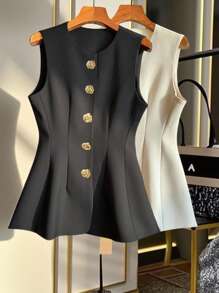 GlowEve Women's Metal Flower Single-Breasted Round Neck Sleeveless Elegant Regular Jacket - Black - View 7
