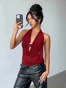 Aloruh 全新性感半透明低胸露背上衣，金属装饰 - 酒紅色 - 查看 5