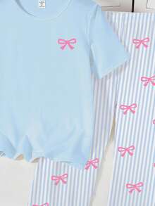 SHEIN 2pcs/Set Teenage Girls Sweet Cute Elegant Minimalist Fashion New Pink Bow Round Neck Short Sleeve Top And Blue Striped Bow Pants Casual Comfortable Pajamas - Blue - View 4