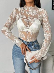 Glamine Áo dài tay đơn giản màu trơn trang trí ren Sheer - Màu be - Xem 6