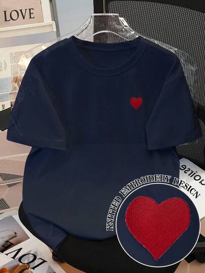 SHEIN 大码宽松心形刺绣女式 T 恤