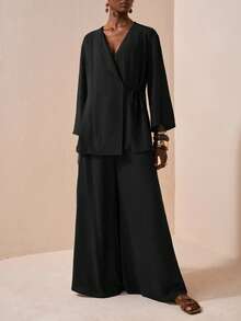 Zivah 2025 年夏季新品音乐节和毕业休闲装，学院风学生日常穿着，度假海滩日光浴街头装，棕色纹理亚麻面料，和服风格腰带衬衫和阔腿裤两件套女士西装套装女士黑色阔腿裤套装，秋季 - 黑色 - 查看 6