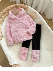 2 件套女婴可爱粉色蓬松连帽衫和裤子套装，秋冬女婴冬季服装幼儿女童冬季服装女童冬季服装套装两件套女婴冬季服装女婴秋季保暖衣服套装