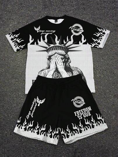 Manfinity EMRG Conjunto de camiseta de cuello redondo de manga corta y pantalones cortos minimalista casual para hombres/niños, conjunto de 2 piezas con camiseta y pantalones cortos con estampado en blanco y negro de la Estatua de la Libertad