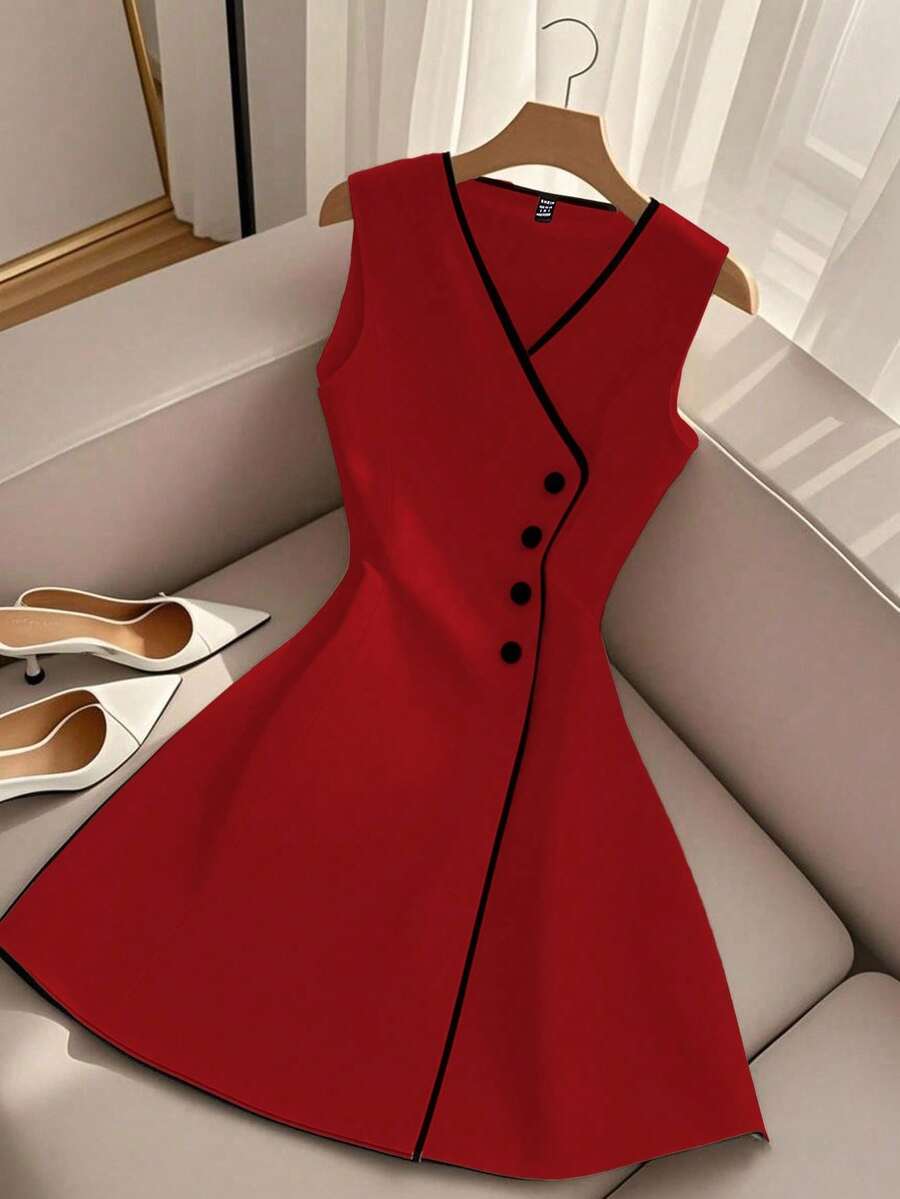 Selianne Summer V-Neck Sleeveless A-Line Waist Design Elegant Dress - Red - View 1