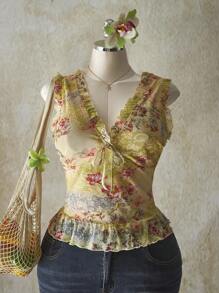 SHEIN ICON 加大码粉色佩斯利花纹 V 领荷叶边下摆网眼背心，适合夏季，Y2K 复古佩斯利花纹，毕业/返校季夏装，暑假 - 綠色 - 查看 1