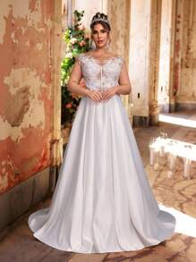 Glamrae 大码优雅浪漫奢华白色网眼刺绣船领串珠荷叶边长裙，带可拆卸拖尾，适合晚会、婚礼、蜜月、新娘 - 白色 - 查看 4