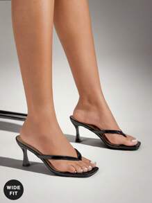 SHUZIA 宽楦女士舒适猫跟方头人字拖凉鞋，适合圣诞节和情人节穿着。 - 黑色 - 查看 2