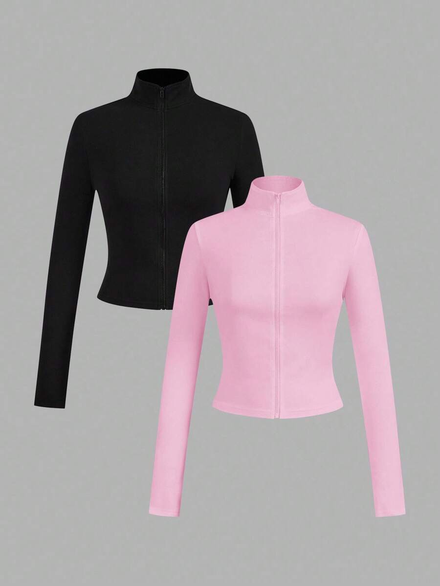 SHEIN EZwear 2pcs Pink & Black Knit Zip-Up Long Sleeve T-Shirt For Women, Suitable For Autumn/Winter,Fall Tops - Multicolor - View 1