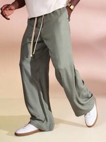 SUMWON Linen Wide Leg Summer Pants Relaxed Fit Drawstring Beach Resort Lounge Casual Trousers Vacation Wear - Army Green - View 4