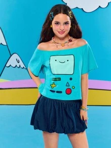 Adventure Time X ROMWE Off-Shoulder Funny Cartoon Print Women Short Sleeve T-Shirt - Green - View 2