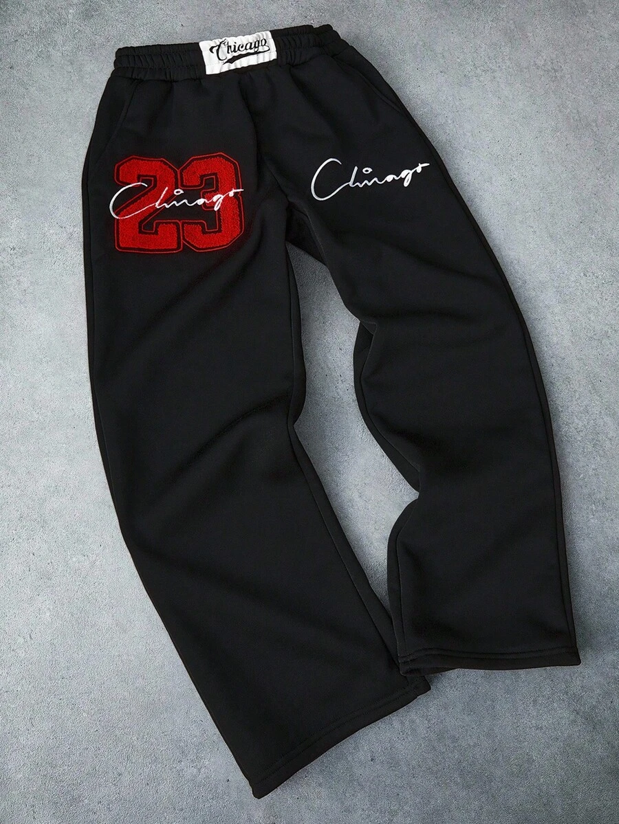 Aesthetic Post--Plus Size Men's Casual Letter & Number Embroidered Sweatpants - Black - View 1