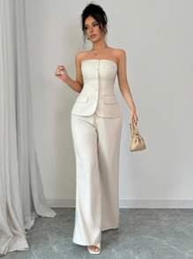 Selianne Bộ 2 món áo trễ vai thanh lịch màu trơn cho nữ và quần ống đứng - Màu be - Xem 6