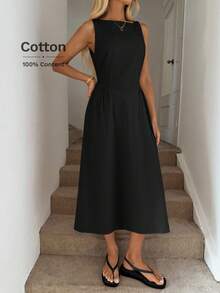 Easowa 圆领腰部褶皱 A 字形伞裙，女士休闲度假优雅中长连衣裙，棉质面料，春夏 - 黑色 - 查看 7