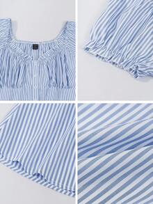 SHEIN Clasi 女士大码休闲春夏衬衫，纯色设计，大V领前襟纽扣，千禧年复古风，春夏百搭单品，秋冬个性内衣之选 - 藍色 - 查看 6