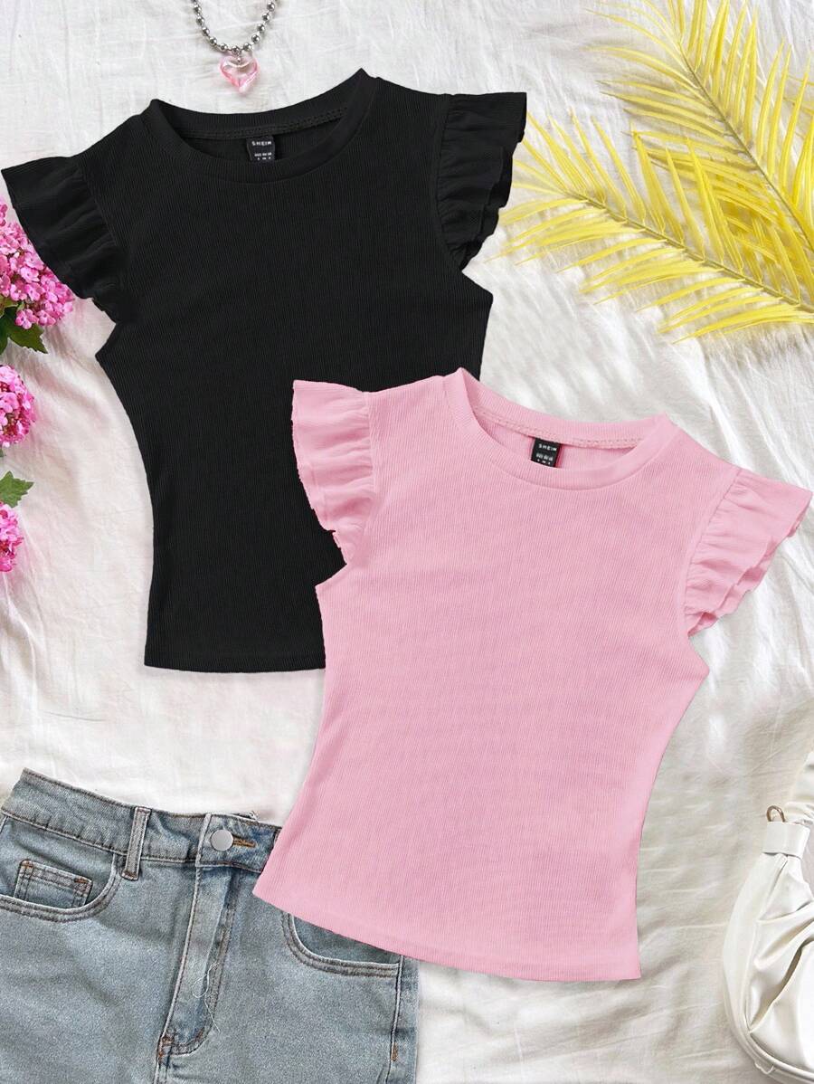 Soleia 2pcs/Set Rib Knit Round Neck Cap Sleeve Fitted T-Shirt Set Suitable For Going Out - Multicolor - View 1