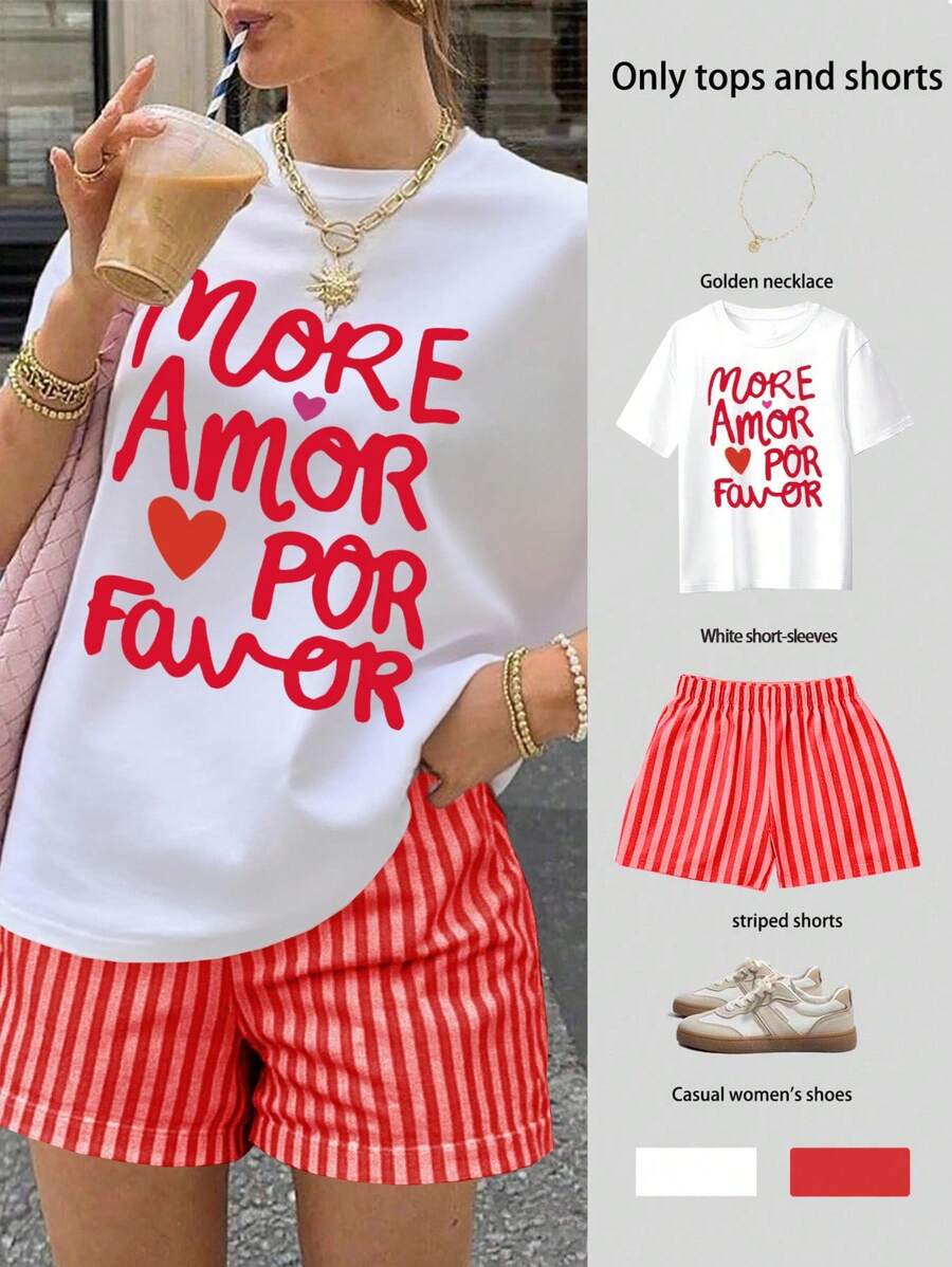 SHEIN 女式夏季标语印花短袖 T 恤和条纹短裤休闲两件套 - 紅色 - 查看 1