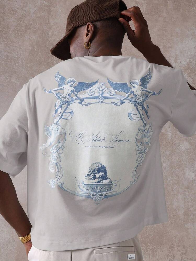 SUMWON Crop Fit Luxury French Design Cotton Tshirt Oversized Angel Cherub Print Palace Frame Ornate Baroque Classic Streetwear Summer Holiday Casual Shirt