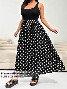 SHEIN EZwear 大码波尔卡圆点印花拼布无袖连衣裙