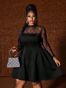 Maweii Váy phồng ren chắp vá thanh lịch cỡ lớn - màu đen - Xem 5