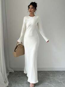 Selianne Elegant Spring & Autumn Round Neck Fish-Tail Long Dress Maxi Women Outfit Fall Cloth For Women - Champagne - View 6