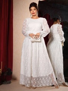 Cravure Christmas Plus Size Solid Color Round Neck Mesh Patchwork Elegant Long Sleeve Dress Fall Cloth For Women