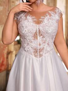 Glamrae 大码优雅浪漫奢华白色网眼刺绣船领串珠荷叶边长裙，带可拆卸拖尾，适合晚会、婚礼、蜜月、新娘 - 白色 - 查看 2